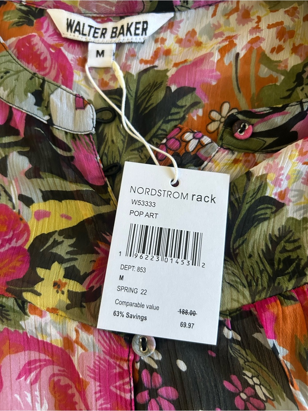 NWT Walter Baker Floral Puff Sleeve Blouse - Pink, Orange, Green, Cream - Picture 7 of 7